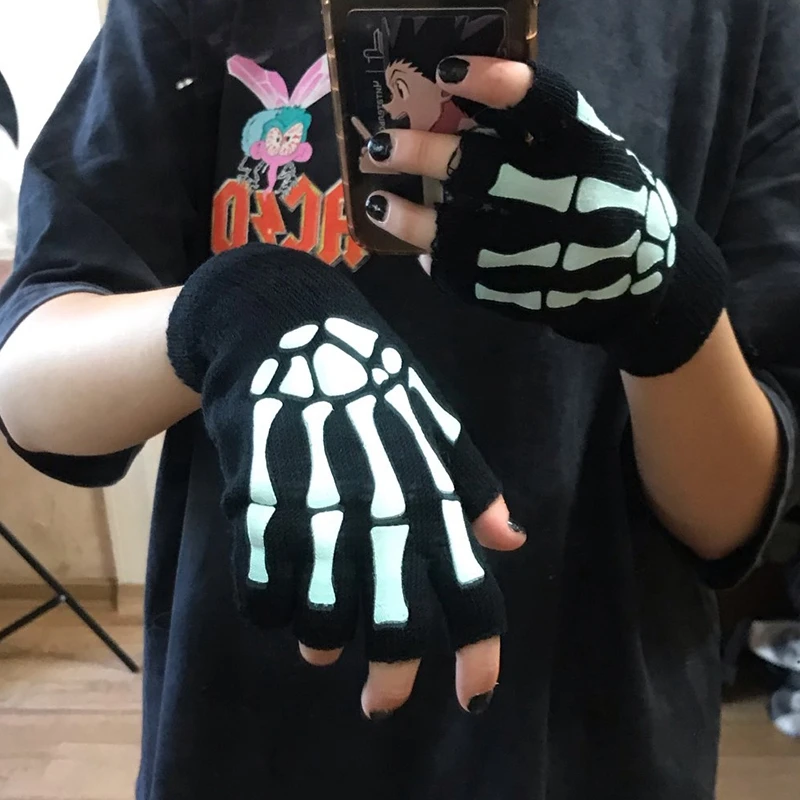 New Punk Gloves Unisex Halloween Skeleton Skull Half Finger Gloves Glow in The Dark Fingerless Stretch Knitted Winter Mittens - Image 2