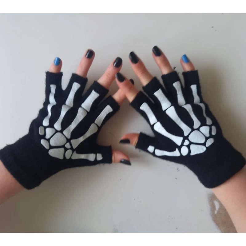 New Punk Gloves Unisex Halloween Skeleton Skull Half Finger Gloves Glow in The Dark Fingerless Stretch Knitted Winter Mittens - Image 3