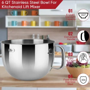 One 6qt Stainless Steel Bowl for Kitchenaid Picurean and Professional Models ONLY, Mixing Bowl for 6 Quart Bowl-Lift Stand Mixer