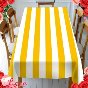 One linen tablecloth with yellow and white stripes - suitable for indoor/outdoor use