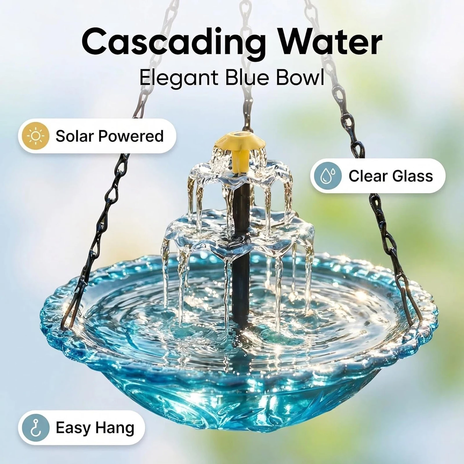 Outdoor Bird Bath W/Solar Fountain Pump & Glass Bowl Solar Wild Birds Feeder Cascade Hanging Feeding Station for Garden Courtyar - Image 2