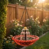 Outdoor Bird Bath W/Solar Fountain Pump & Glass Bowl Solar Wild Birds Feeder Cascade Hanging Feeding Station for Garden Courtyar