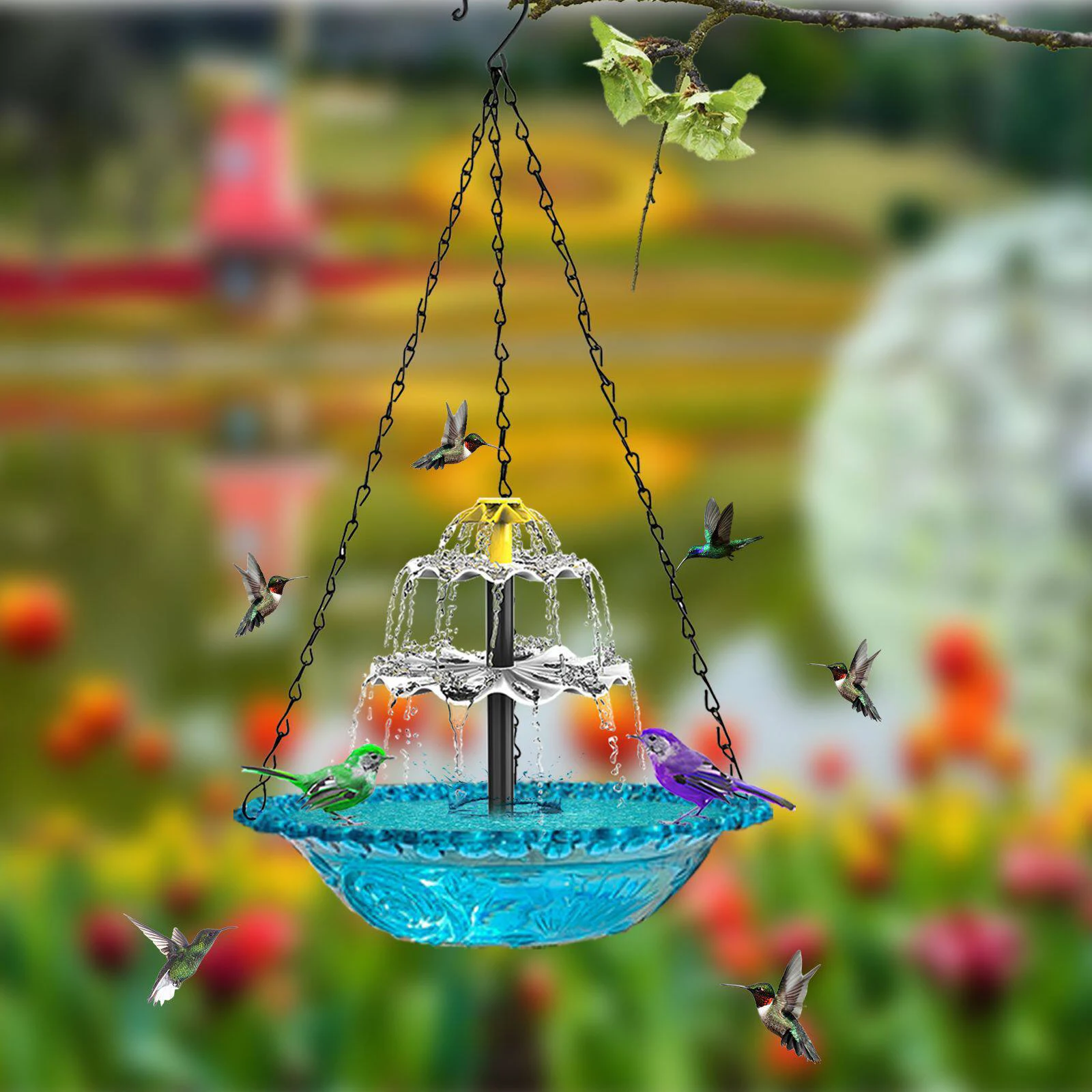 Outdoor Bird Bath W/Solar Fountain Pump & Glass Bowl Solar Wild Birds Feeder Cascade Hanging Feeding Station for Garden Courtyar - Image 5