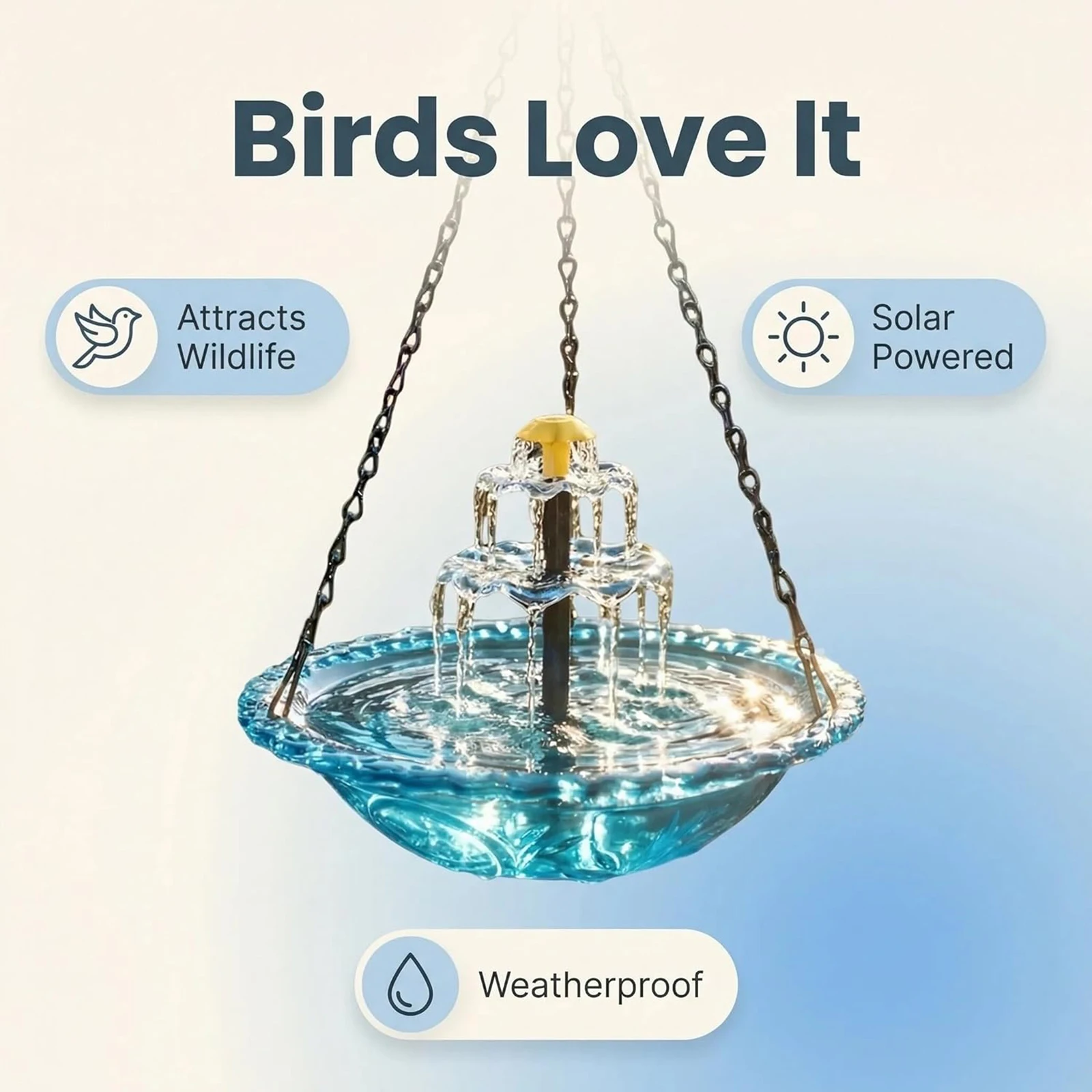 Outdoor Bird Bath W/Solar Fountain Pump & Glass Bowl Solar Wild Birds Feeder Cascade Hanging Feeding Station for Garden Courtyar - Image 3