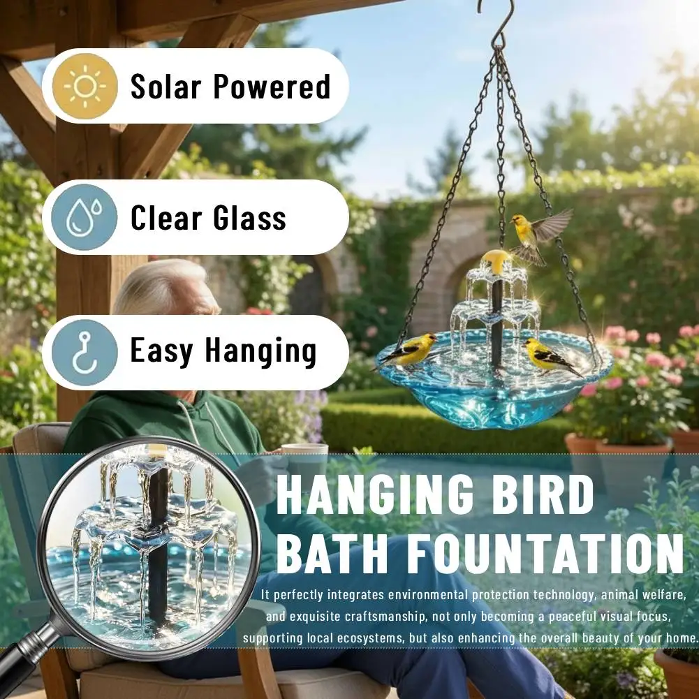 Outdoor Bird Bath W/Solar Fountain Pump & Glass Bowl Solar Wild Birds Feeder Cascade Hanging Feeding Station for Garden Courtyar - Image 4