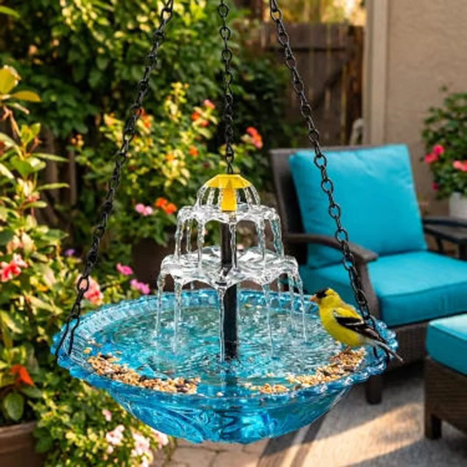 Outdoor Bird Bath W/Solar Fountain Pump & Glass Bowl Solar Wild Birds Feeder Cascade Hanging Feeding Station for Garden Courtyar - Image 6