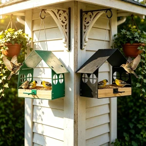 Outdoor Bird Feeder Metal Roof Bird Perch Hanging Nut Hummingbird Feeding House with Stainless Steel Mesh Drain for Garden Backy
