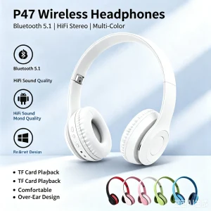P47 Wireless 5.0 Overhead Bluetooth Headphones for Music with Deep Bass Universal Compatibility High-Quality Sound Earphones