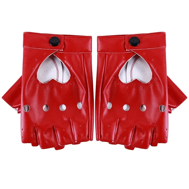 PU Leather Black Half Finger Gloves Cool Heart Hollow Fingerless Boy Dance - Image 4