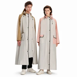 Packable long waterproof rain jacket, hooded, knee-length, Velcro cuffs, 2 pockets, perfect for outdoor work & heavy-rain hiking