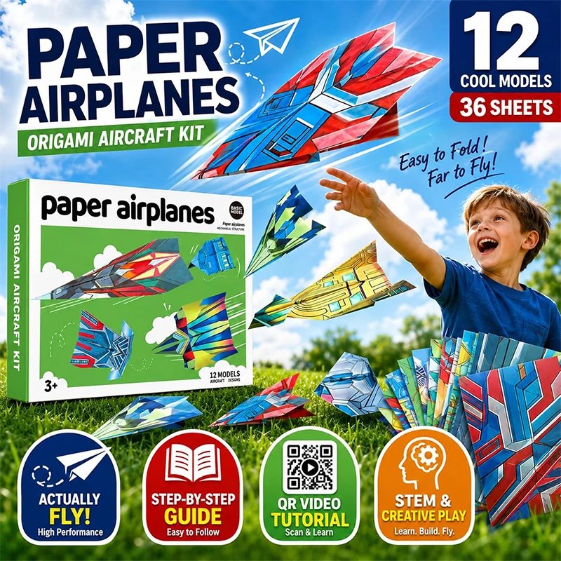 Paper Airplane Origami Kit for Kids Boys 12 Design Origami Paper Plane Kits Crafts Activities Airplane Toys Gifts Origami Book