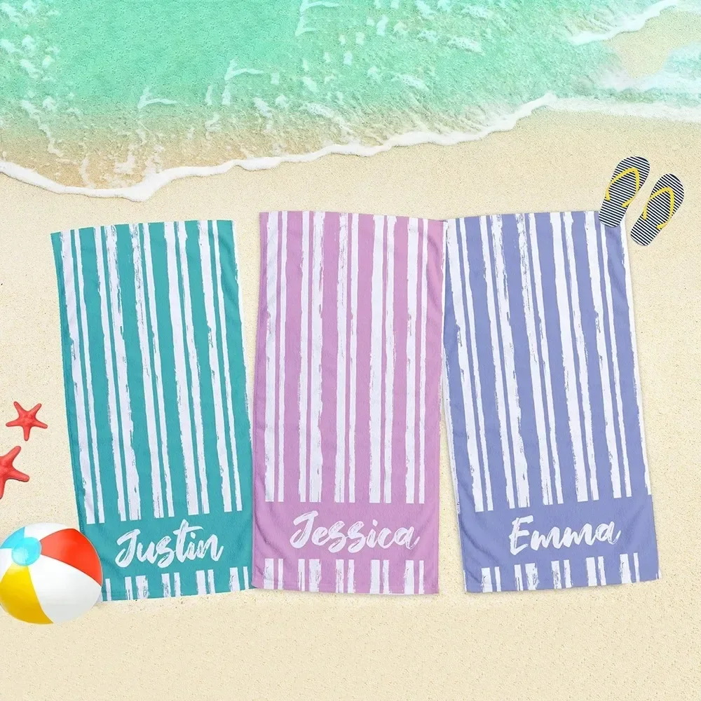 Personalized Colorful Beach Towel Name Font Bath Towel Stripe Swimming Pool Name Towel Vibes Summer Favors