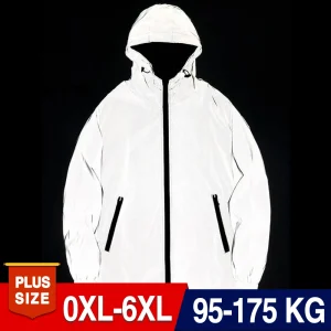 Plus Size 6XL 7XL 8XL Men's Reflective Jacket Big Size Outdoor High Visibility Hooded Windproof Coats Cycling Running Clothes