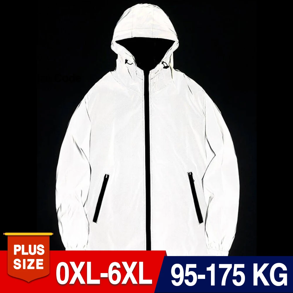 Plus Size 6XL 7XL 8XL Men's Reflective Jacket Big Size Outdoor High Visibility Hooded Windproof Coats Cycling Running Clothes