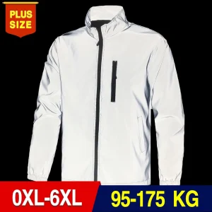 Plus Size Men's Reflective Jacket Stand Collar Windproof Clothes 6XL 7XL 8XL Night High Visibility Cycling Running Coats