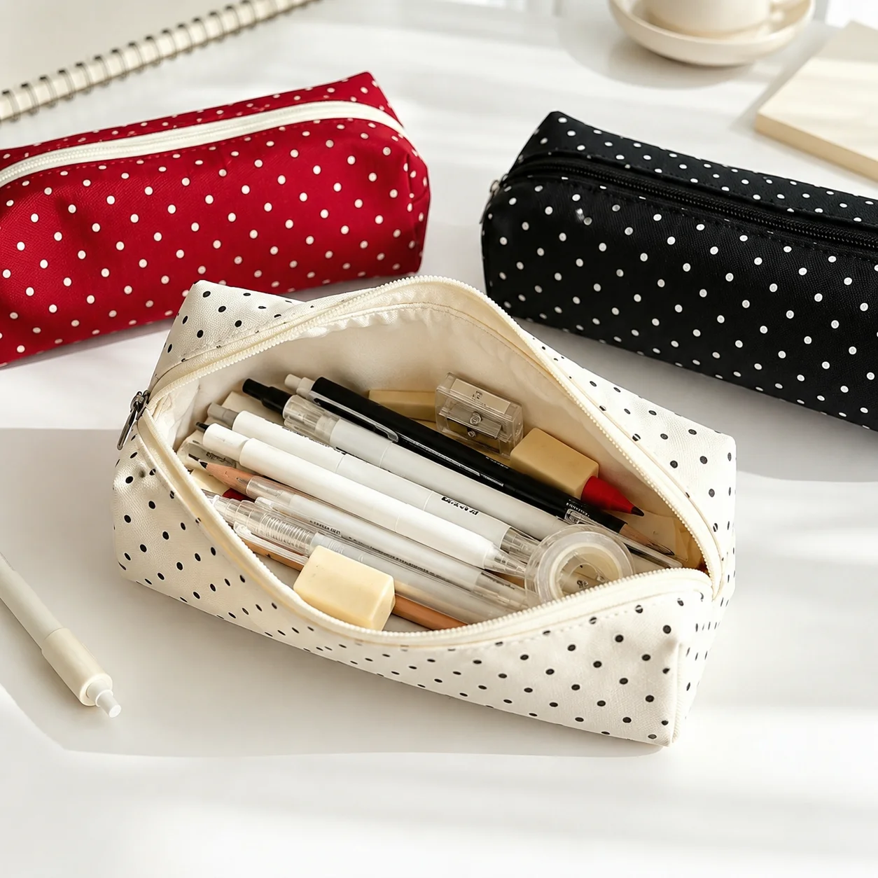 Polka Dot Pencil Case Set Large Capacity Canvas Zipper Pen Pouch for Students School Office Travel Makeup Storage - Image 2
