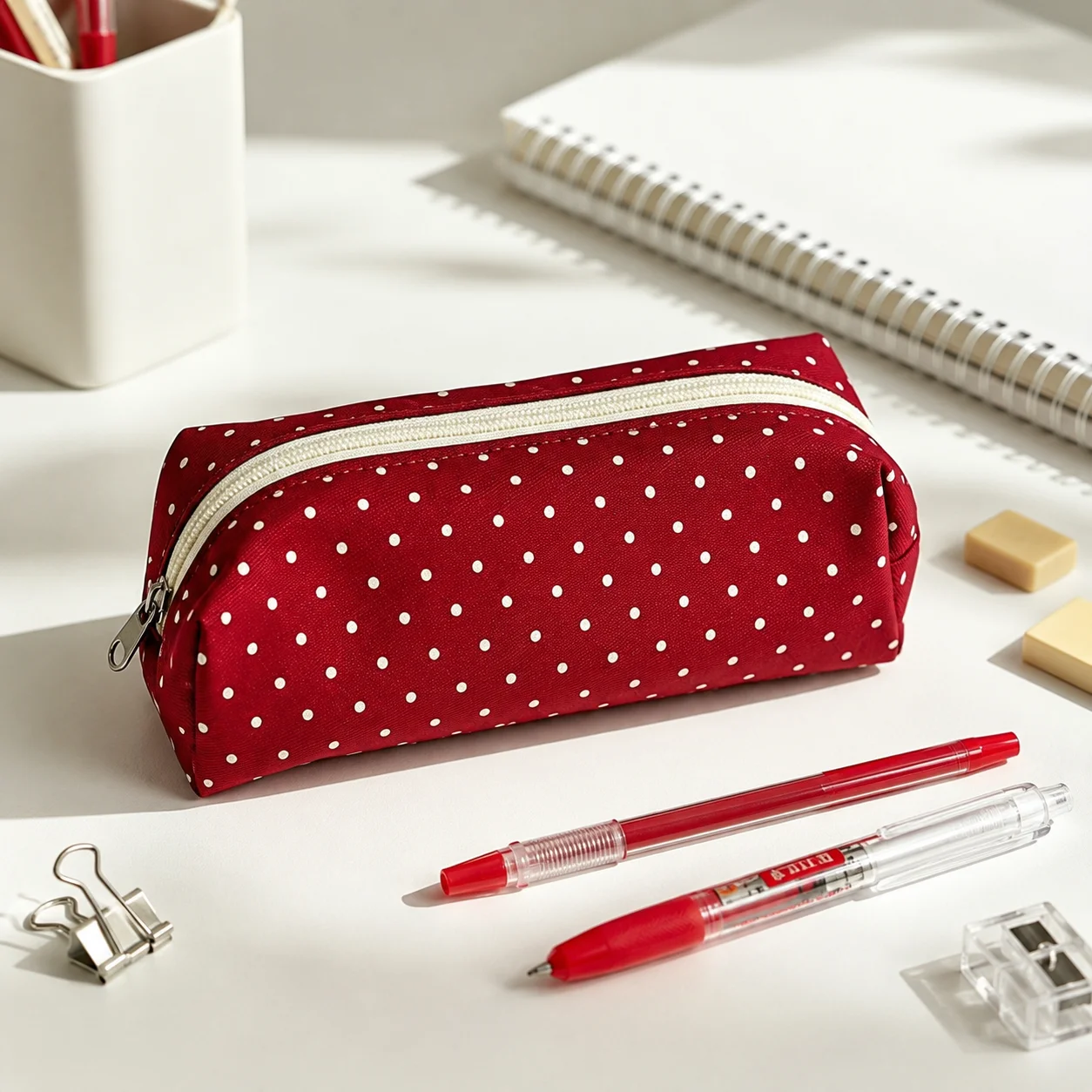 Polka Dot Pencil Case Set Large Capacity Canvas Zipper Pen Pouch for Students School Office Travel Makeup Storage - Image 4
