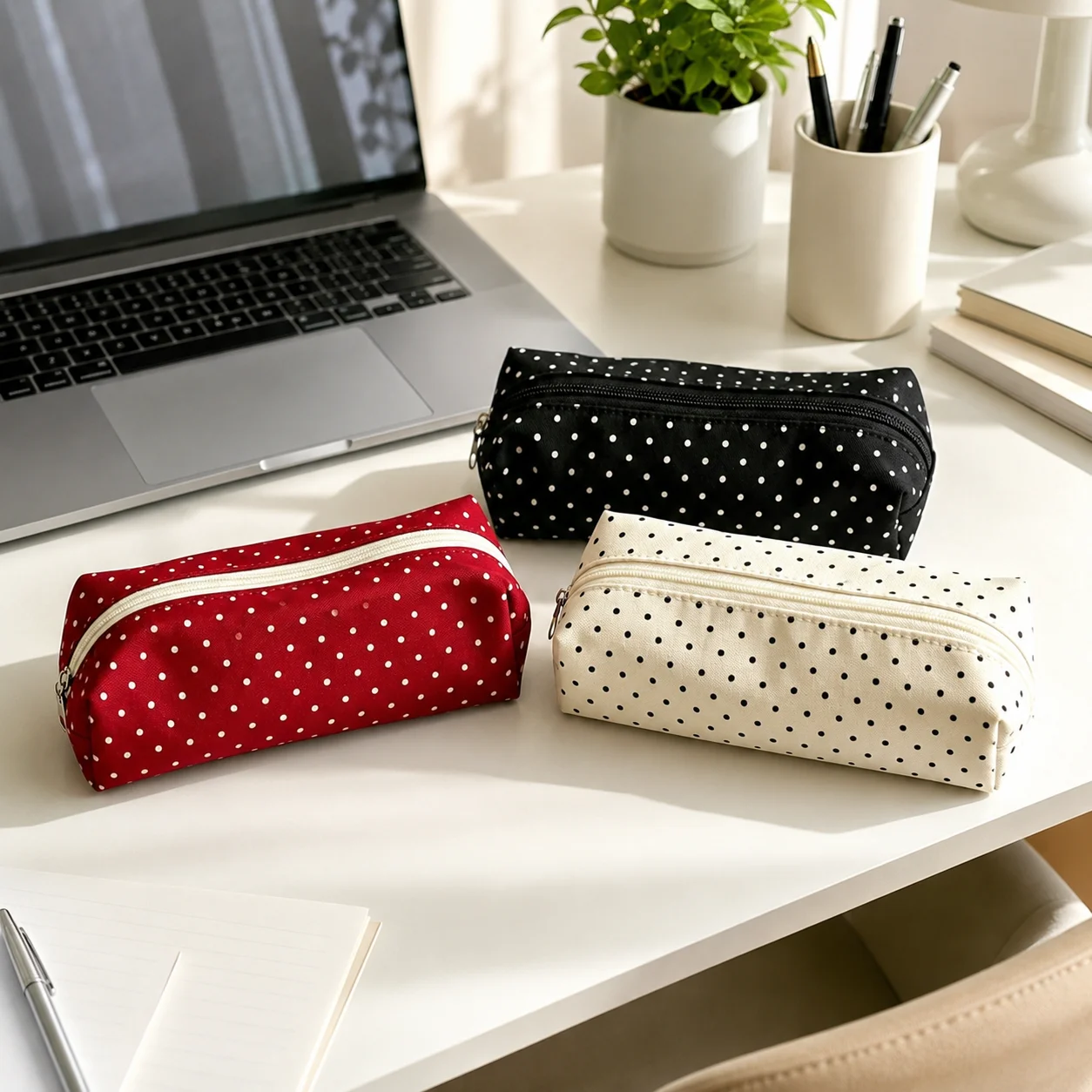 Polka Dot Pencil Case Set Large Capacity Canvas Zipper Pen Pouch for Students School Office Travel Makeup Storage - Image 3