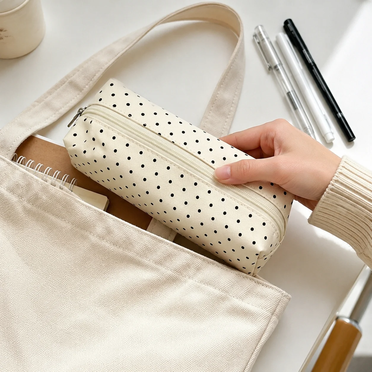Polka Dot Pencil Case Set Large Capacity Canvas Zipper Pen Pouch for Students School Office Travel Makeup Storage - Image 6