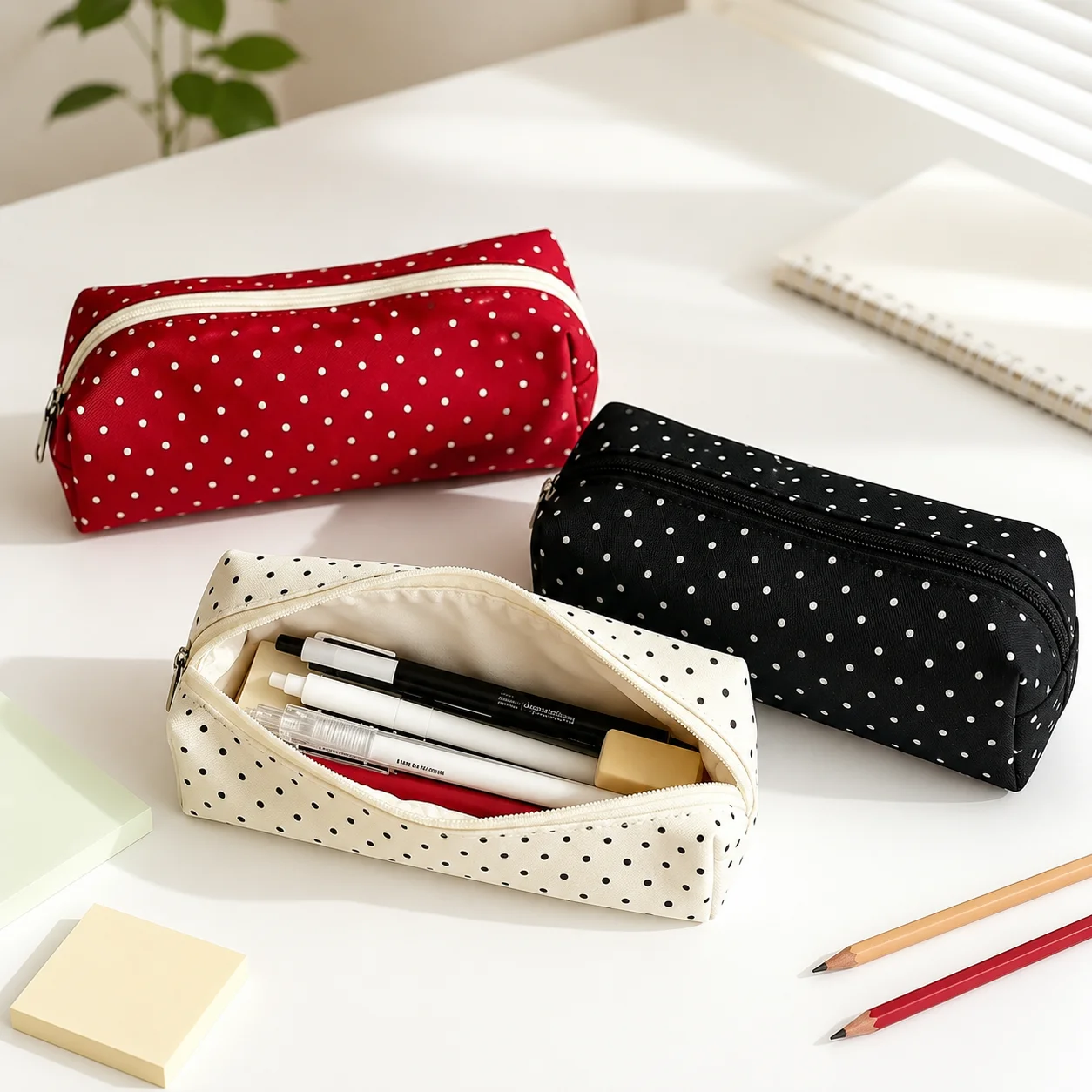 Polka Dot Pencil Case Set Large Capacity Canvas Zipper Pen Pouch for Students School Office Travel Makeup Storage