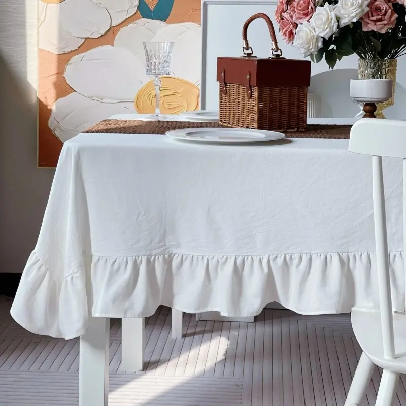 Pure Cotton Ruffle Tablecloth Rectangle Washable Tablecloth Luxuriou Table Cover for Wedding Party Dining Banquet Decoration - Image 2
