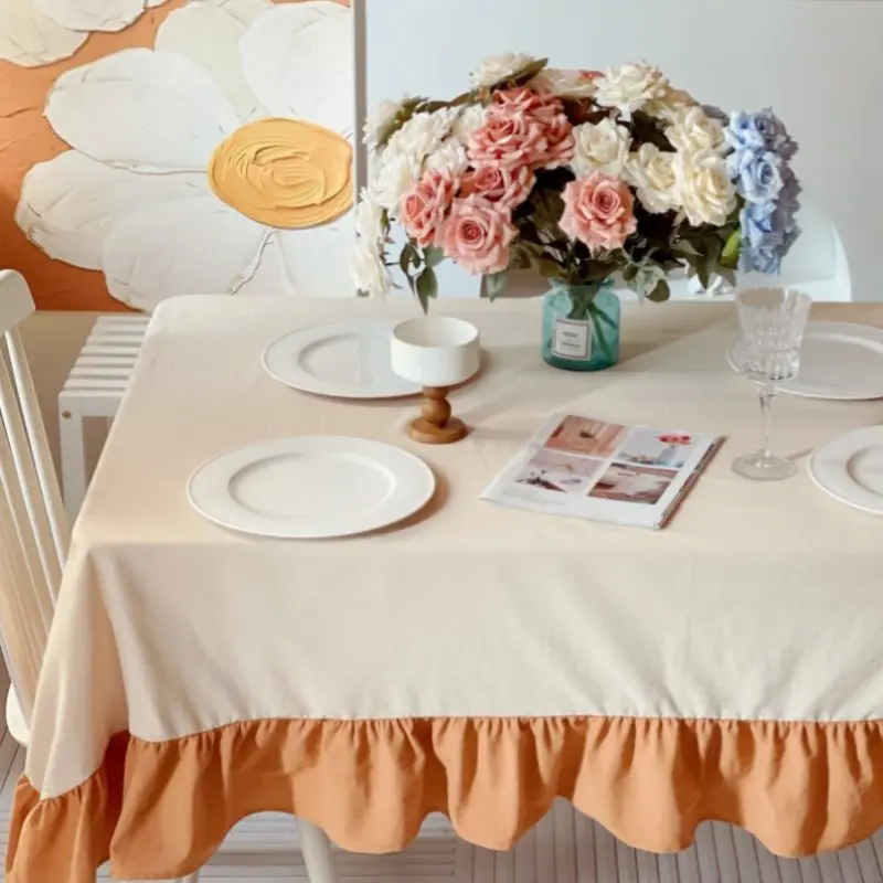 Pure Cotton Ruffle Tablecloth Rectangle Washable Tablecloth Luxuriou Table Cover for Wedding Party Dining Banquet Decoration - Image 3
