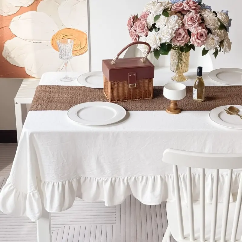 Pure Cotton Ruffle Tablecloth Rectangle Washable Tablecloth Luxuriou Table Cover for Wedding Party Dining Banquet Decoration - Image 5