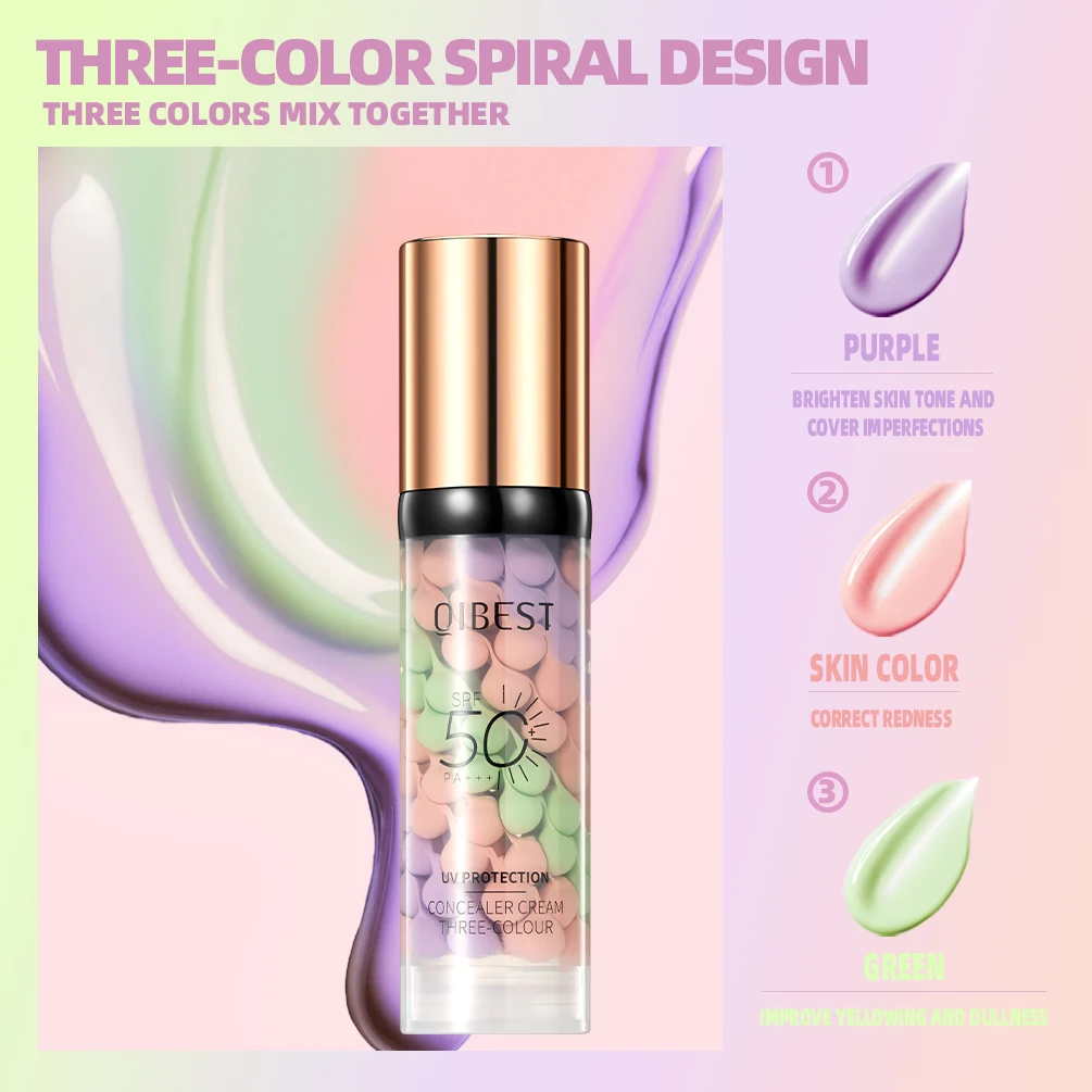 Qibest Three Color Press Release Cream Concealer Isolate Makeup Facial Base Brightening Cream Liquid Concealer Face Primer - Image 3