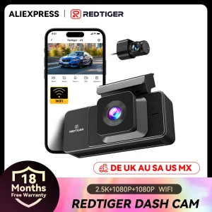 REDTIGER A3 3 Channel Dash Cam Dash Camera 2.5K+1080P+1080P Built-in 5.8Ghz WiFi Night Vision Parking Monitor