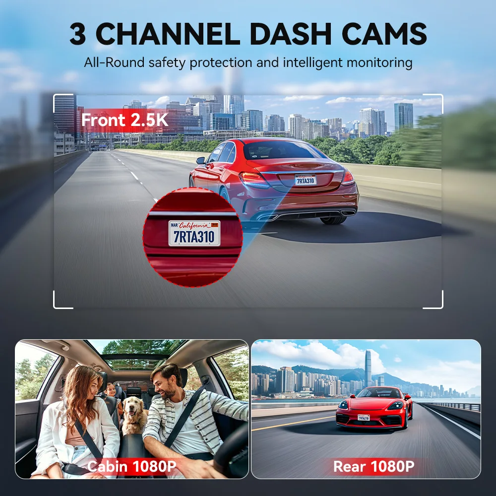 REDTIGER A3 3 Channel Dash Cam Dash Camera 2.5K+1080P+1080P Built-in 5.8Ghz WiFi Night Vision Parking Monitor - Image 3