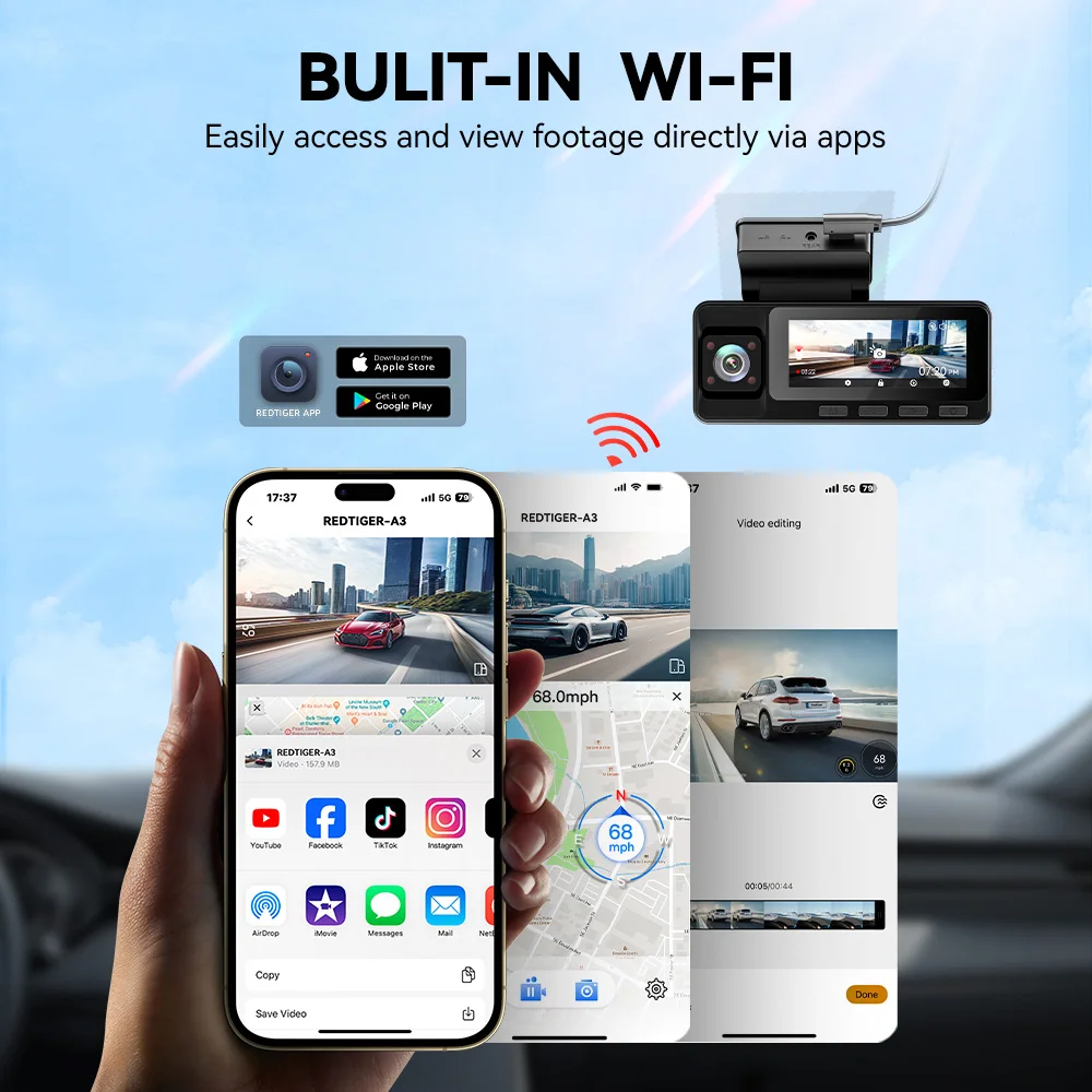 REDTIGER A3 3 Channel Dash Cam Dash Camera 2.5K+1080P+1080P Built-in 5.8Ghz WiFi Night Vision Parking Monitor - Image 6