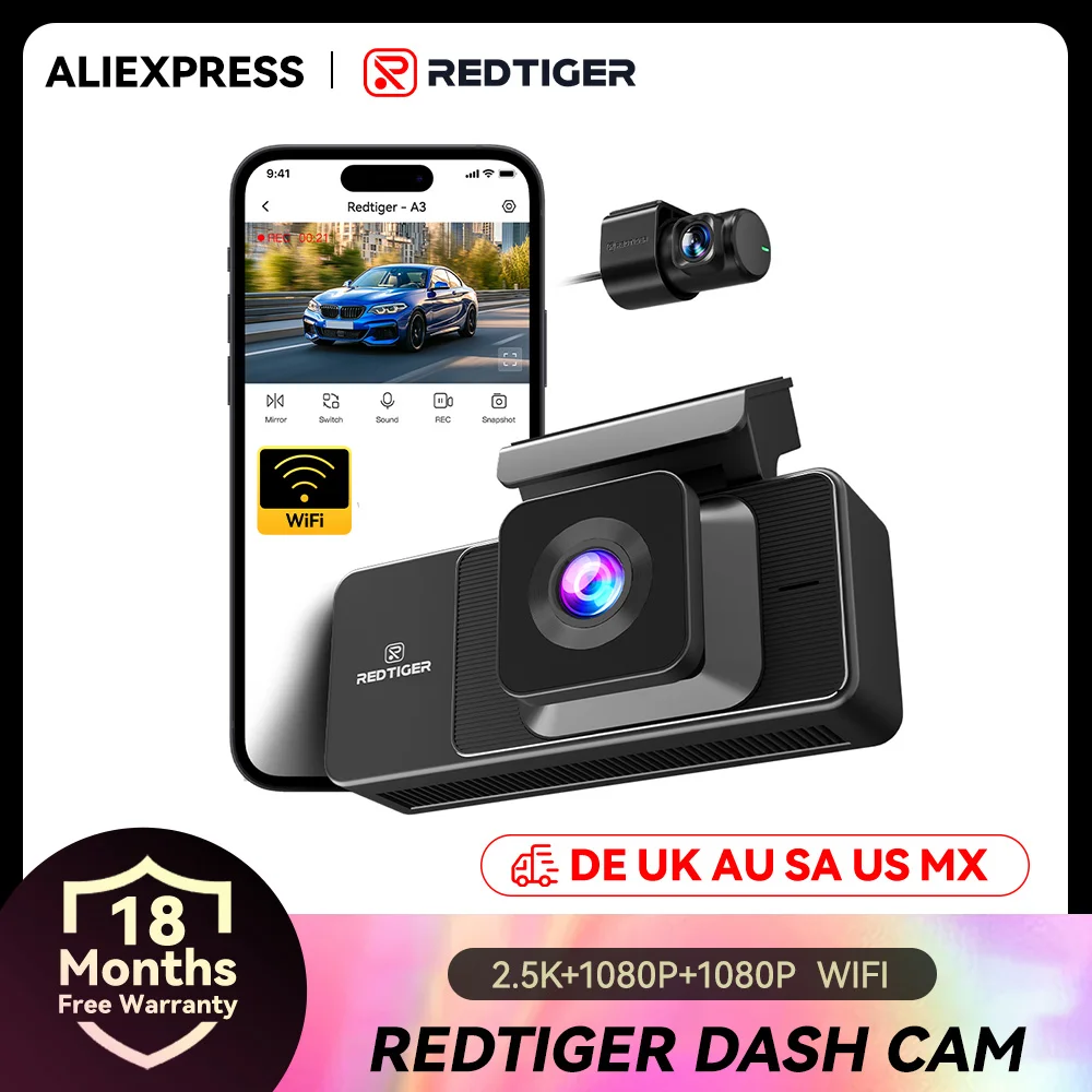 REDTIGER A3 3 Channel Dash Cam Dash Camera 2.5K+1080P+1080P Built-in 5.8Ghz WiFi Night Vision Parking Monitor