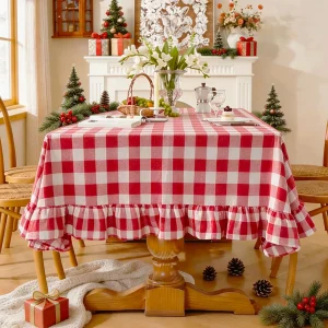 Red White Plaid Ruffled Christmas Tablecloth Dust-proof Cover,Suitable for Daily Decoration of Holiday Banquet Restaurants