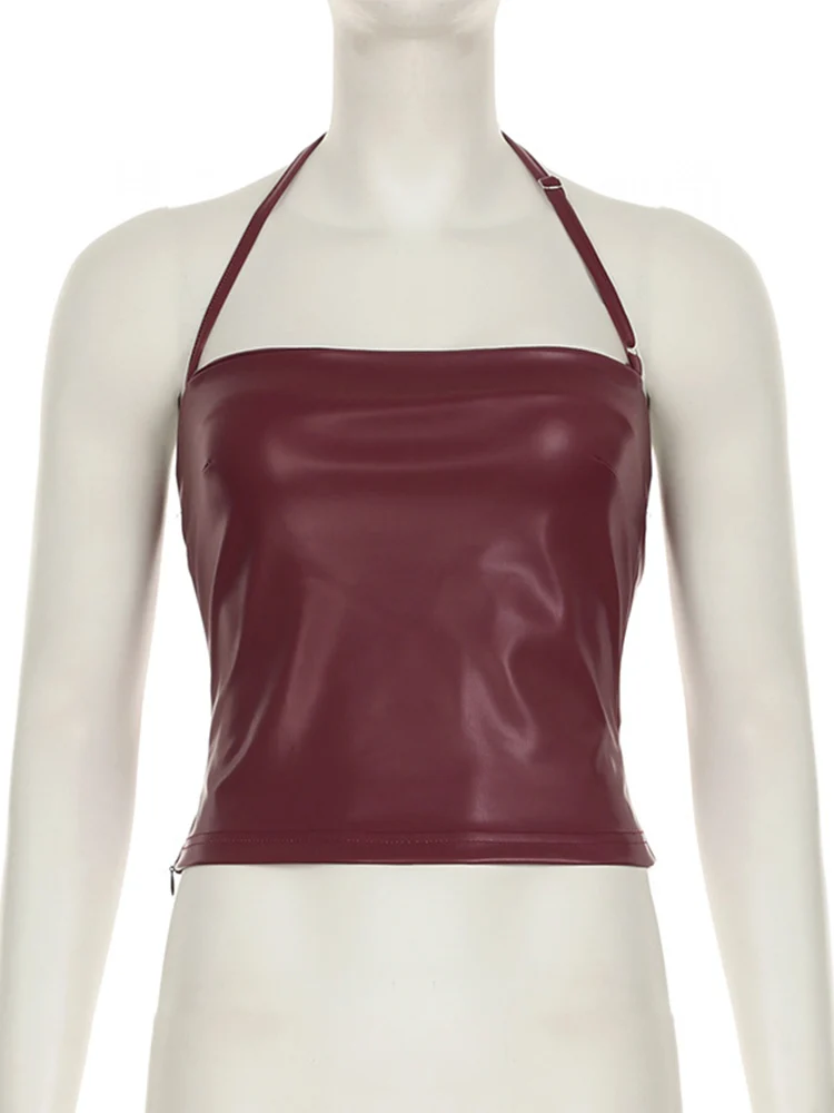 Retro Red Halter Tank Top Slim Fit Faux Leather Korean Clubwear Summer Y2K Style Streetwear Outfit Fashion PU Top - Image 5