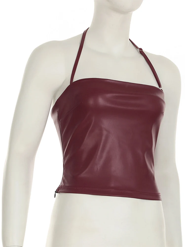 Retro Red Halter Tank Top Slim Fit Faux Leather Korean Clubwear Summer Y2K Style Streetwear Outfit Fashion PU Top - Image 6