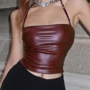 Retro Red Halter Tank Top Slim Fit Faux Leather Korean Clubwear Summer Y2K Style Streetwear Outfit Fashion PU Top