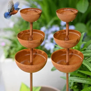 Rusted Vintage Iron Garden Rain Catcher 3-Tier Bowl Metal Bird Bath Garden Stake Decorative Bird Water Dispenser Courtyard Decor