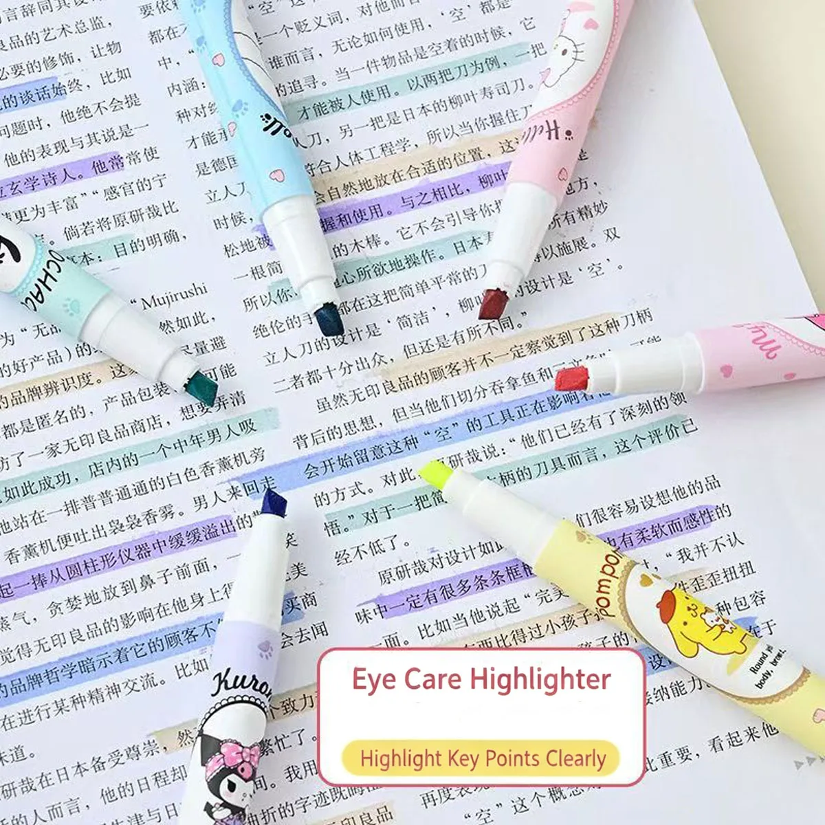 Sanrio Eye-Friendly Highlighter 6-Piece Set (Kuromi, My Melody) — Soft-tone soft-tip markers; high-capacity, cute stationery - Image 2
