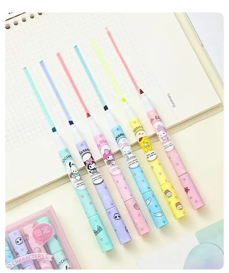 Sanrio Eye-Friendly Highlighter 6-Piece Set (Kuromi, My Melody) — Soft-tone soft-tip markers; high-capacity, cute stationery - Image 6