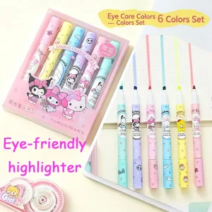 Sanrio Eye-Friendly Highlighter 6-Piece Set (Kuromi, My Melody) — Soft-tone soft-tip markers; high-capacity, cute stationery