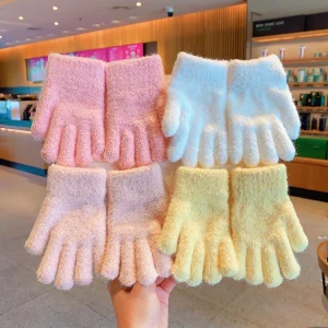Soft Fuzzy Knit Stretchy Cuff Full Finger Gloves For Girls Boys Kids Toddler Full Finger Plush Candy Colo Warm Glove Winter 2026