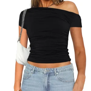 Solid Color High Elasticity Fabric Slash Shoulder Short Sleeve Pleated Navel Reveal Top for Women Casual Shrinkage Top