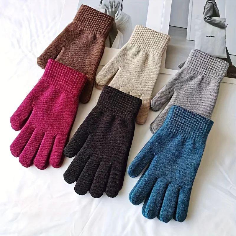 Solid Colored Wool Gloves for Cold Resistance, Cycling, Brushed Warmth, Thickened Fleece, Windproof in Winter