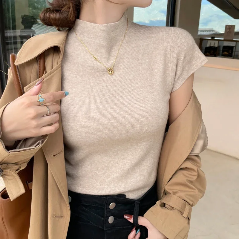 Solid Slim Fit Pullovers Women Summer Sexy Turtleneck Sleeveless T-Shirts Tops Causal Tees Shirts Female Streetwear Basics Tees - Image 2