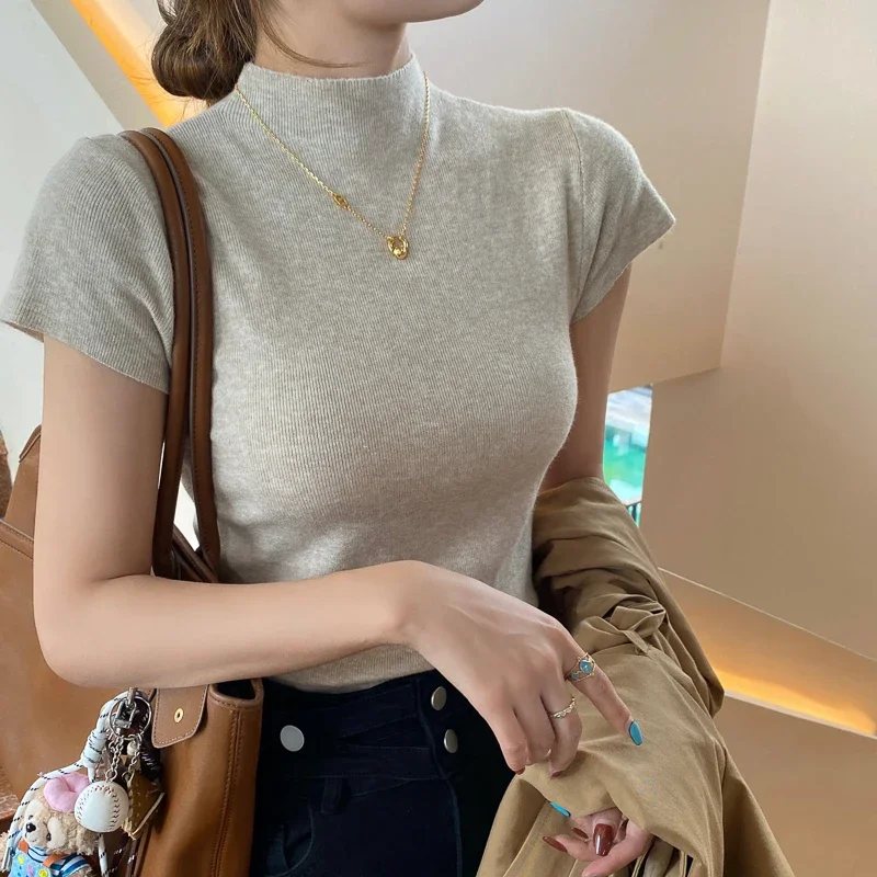 Solid Slim Fit Pullovers Women Summer Sexy Turtleneck Sleeveless T-Shirts Tops Causal Tees Shirts Female Streetwear Basics Tees - Image 3