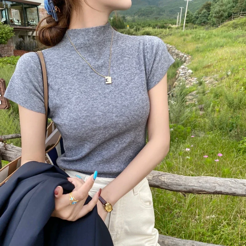 Solid Slim Fit Pullovers Women Summer Sexy Turtleneck Sleeveless T-Shirts Tops Causal Tees Shirts Female Streetwear Basics Tees