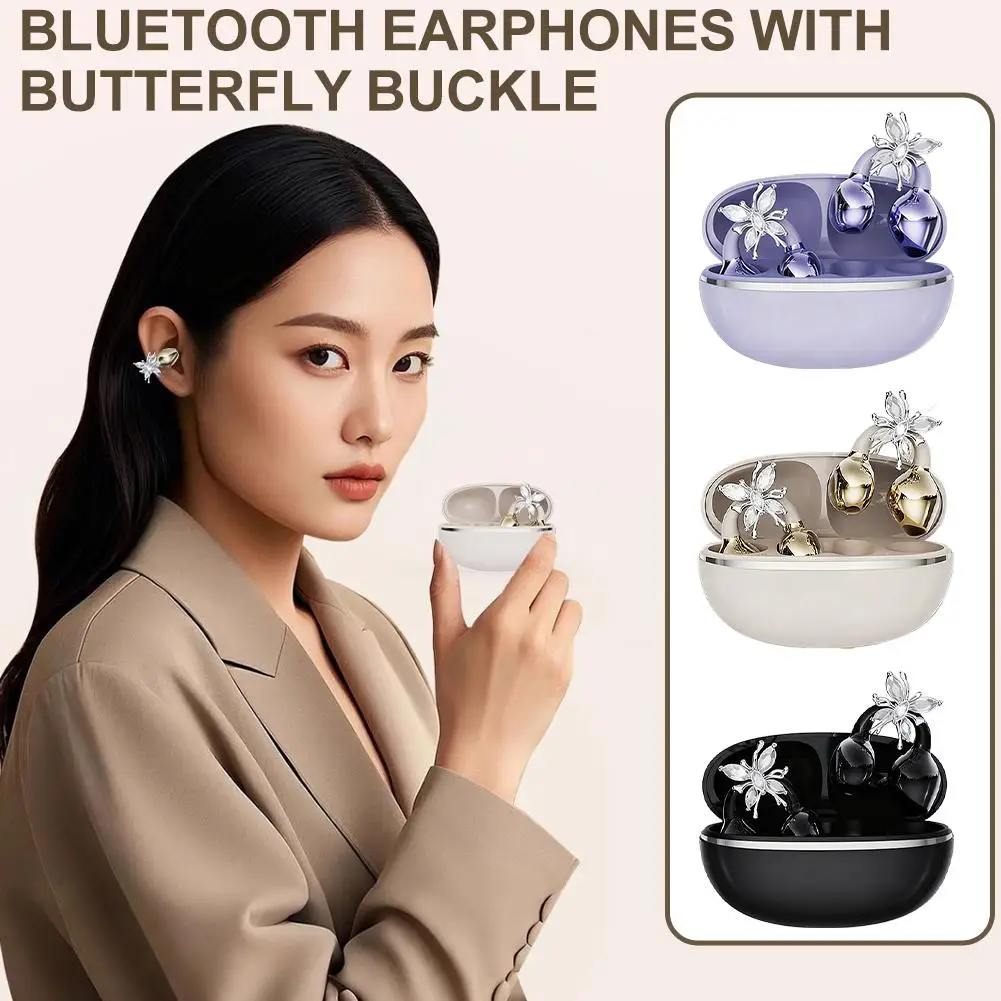 Sports Bluetooth Headphones For TWS Wireless Ear-clip Earbuds Intelligent Noise Cancellation Butterfly Diamond Buckle Decor Q1H0 - Image 5
