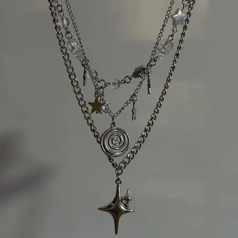 Stainless Steel Spiral Pendant Necklace / Layered Choker / Star Charm Necklace / Grunge Cyber Y2K Fairycore Subversive Archive