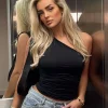 Summer solid color single shoulder asymmetrical backless vest T-shirt, tight and sexy sleeveless and collarless slim fit top