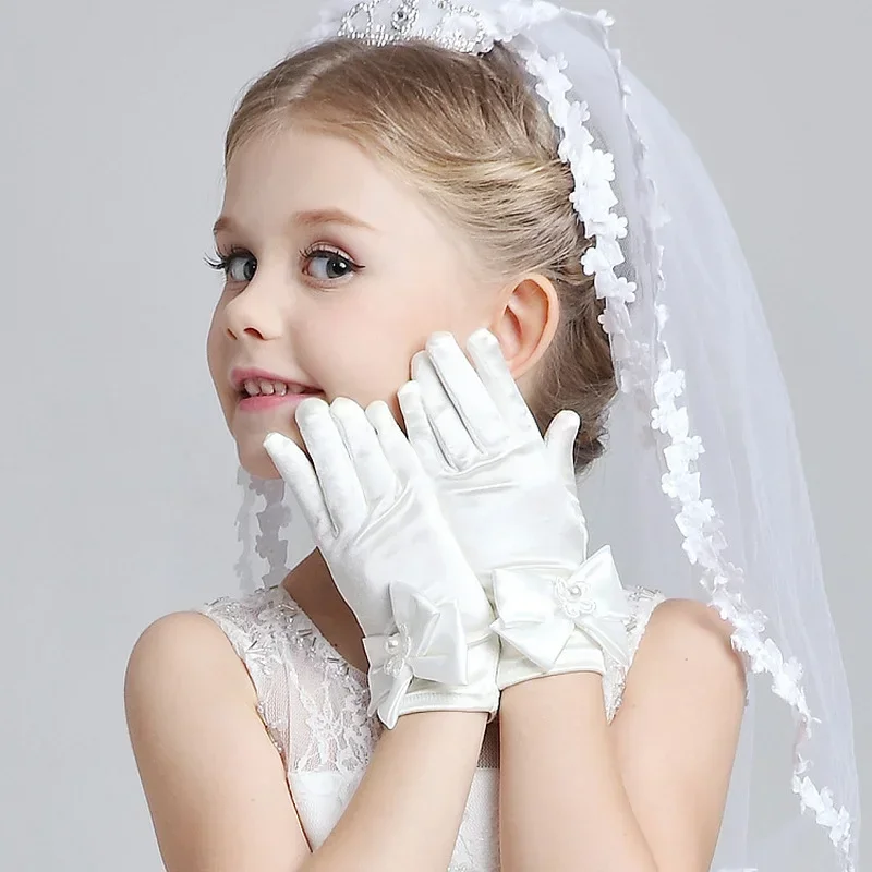 Sweet Satin Flower Child Gloves White Gloves for Kids Children Girls Wedding Gloves with Bow Kids Fashion Children's Mittens - Image 3